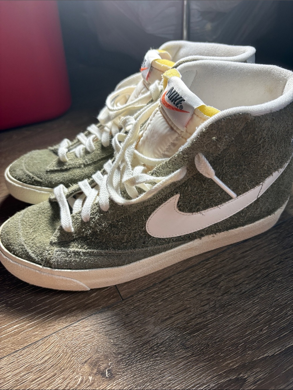 Nike Olive Green High-Top Sneakers with White Swoosh and Cream Accents